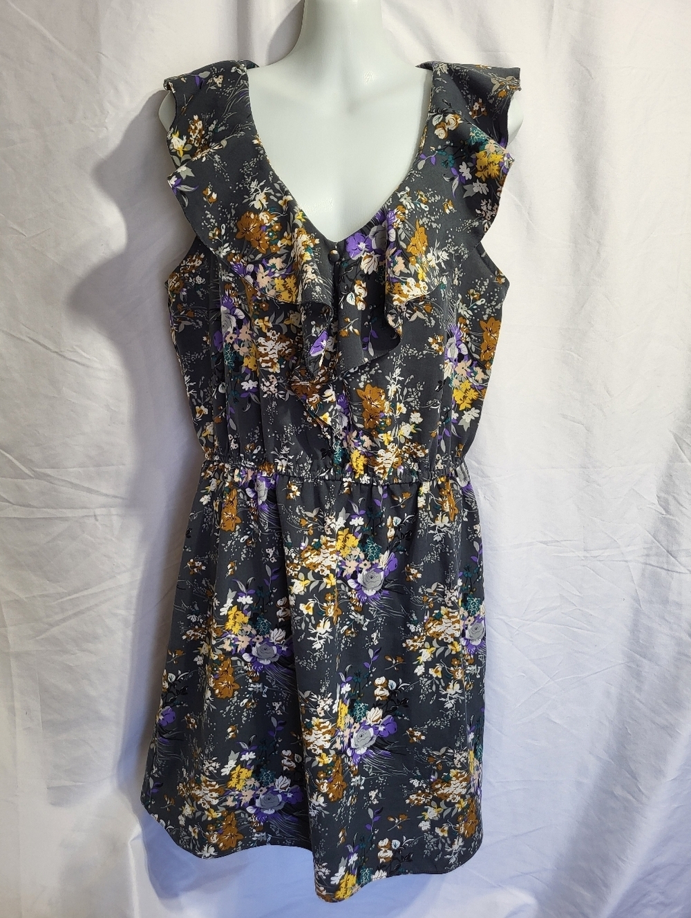 Kismet Floral Ruffle Mini Dress in Charcoal, Mustard & Purple, Size Large